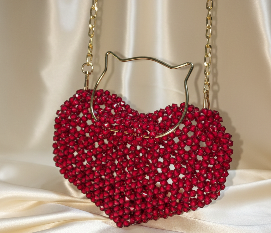 Luxury Red Crystal Heart Clutch with Whimsical Cat Handle