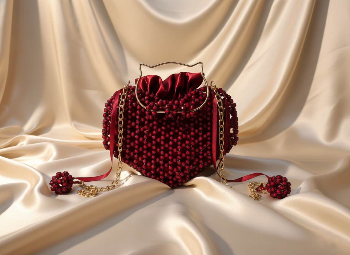 Luxury Red Crystal Heart Clutch with Whimsical Cat Handle