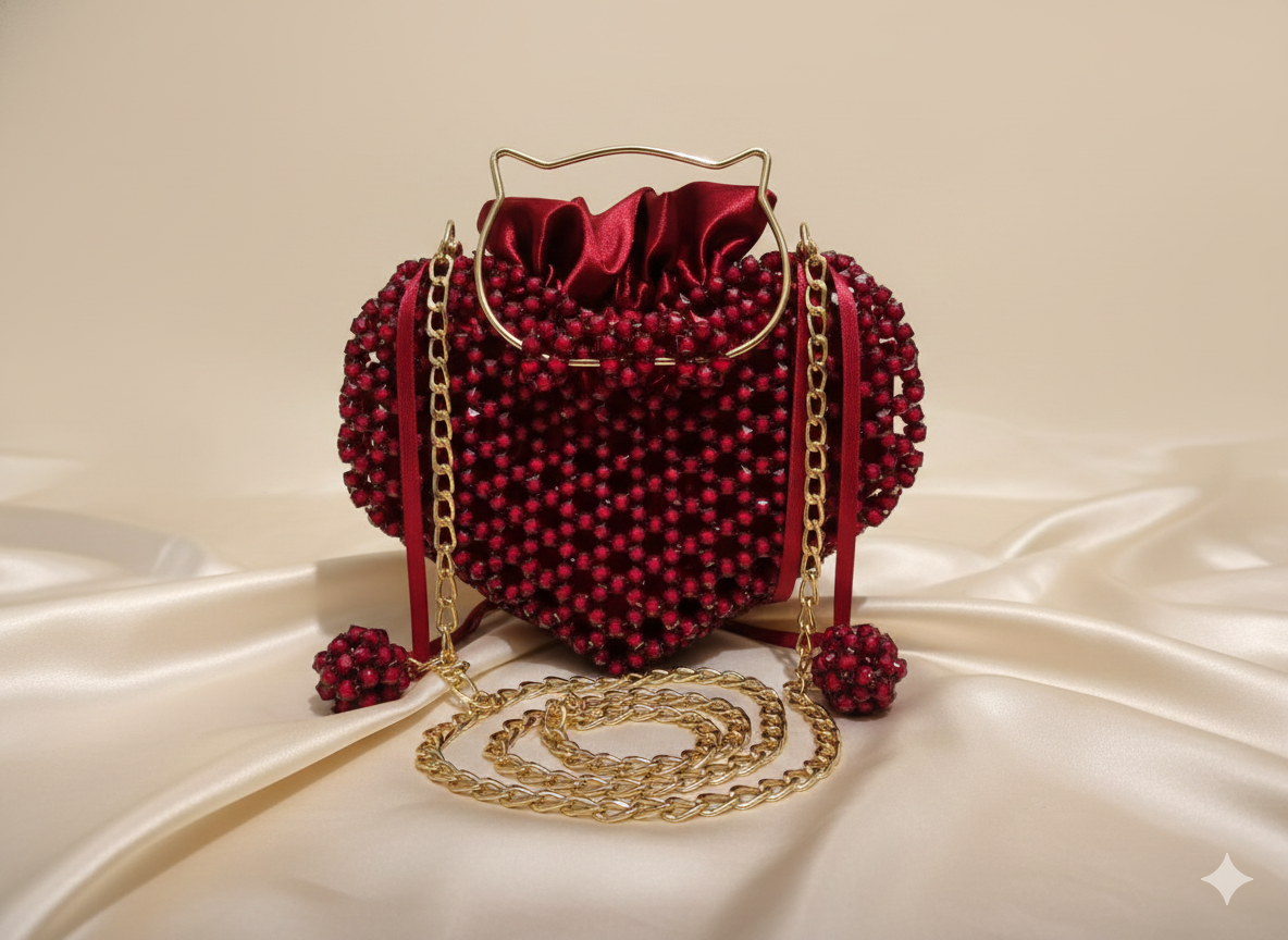 Luxury Red Crystal Heart Clutch with Whimsical Cat Handle