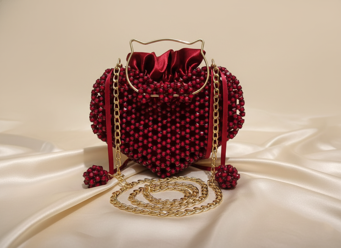 Luxury Red Crystal Heart Clutch with Whimsical Cat Handle