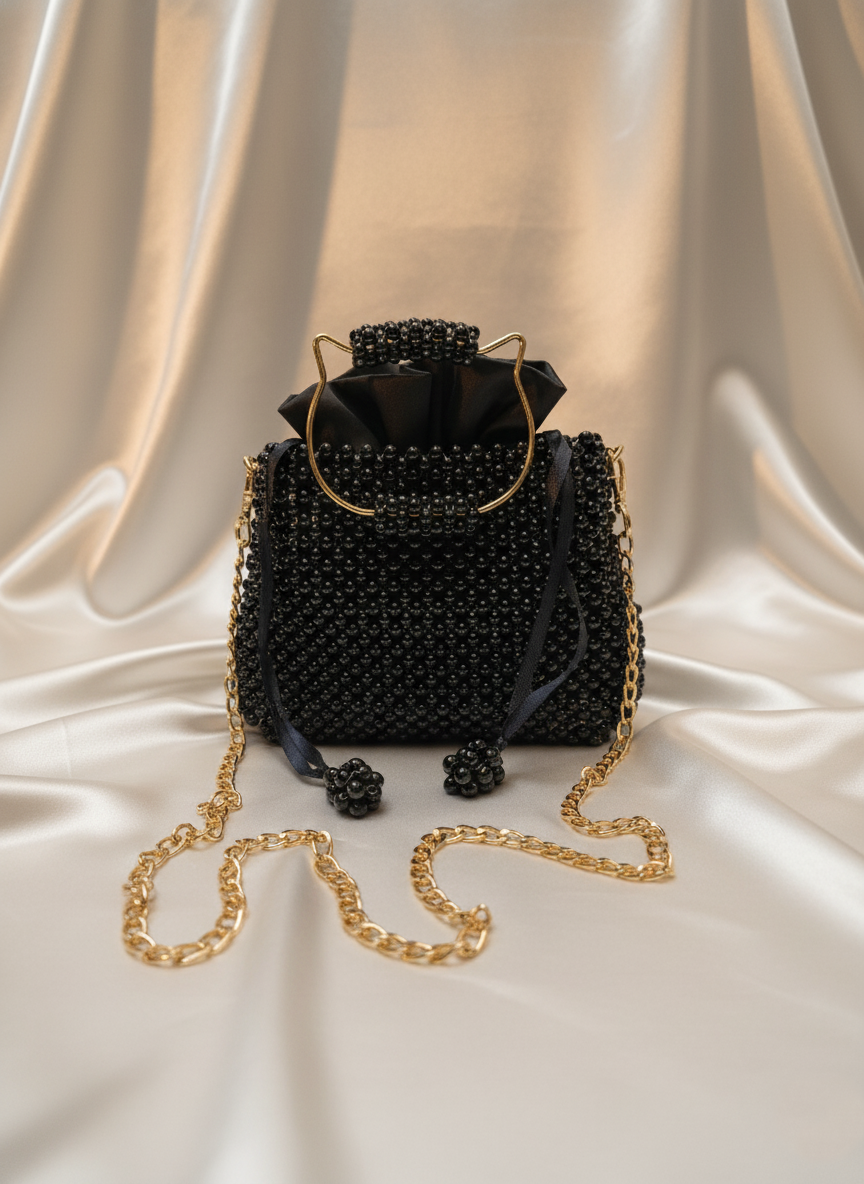 Luxury Handmade Black Pearl Beaded Handbag – Detachable Chain Included