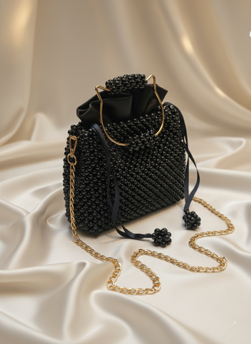 Luxury Handmade Black Pearl Beaded Handbag – Detachable Chain Included