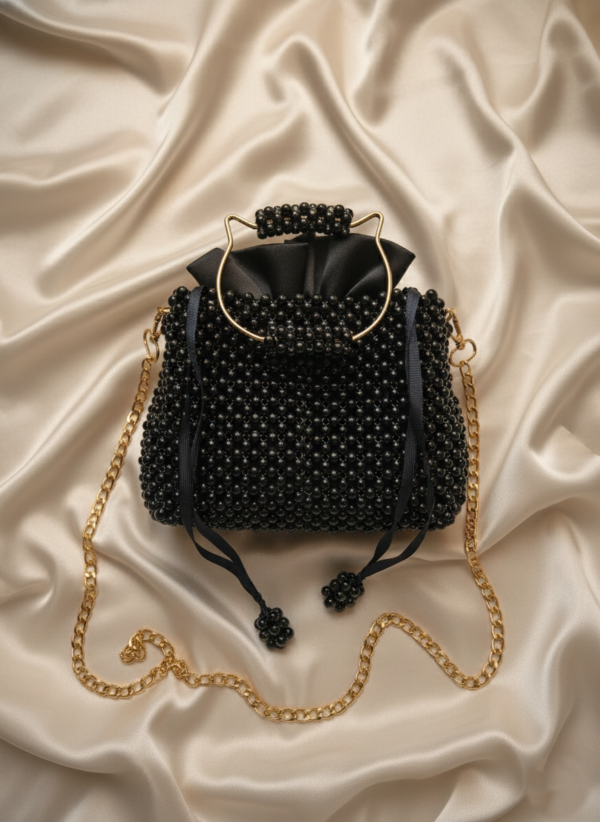 Luxury Handmade Black Pearl Beaded Handbag – Detachable Chain Included