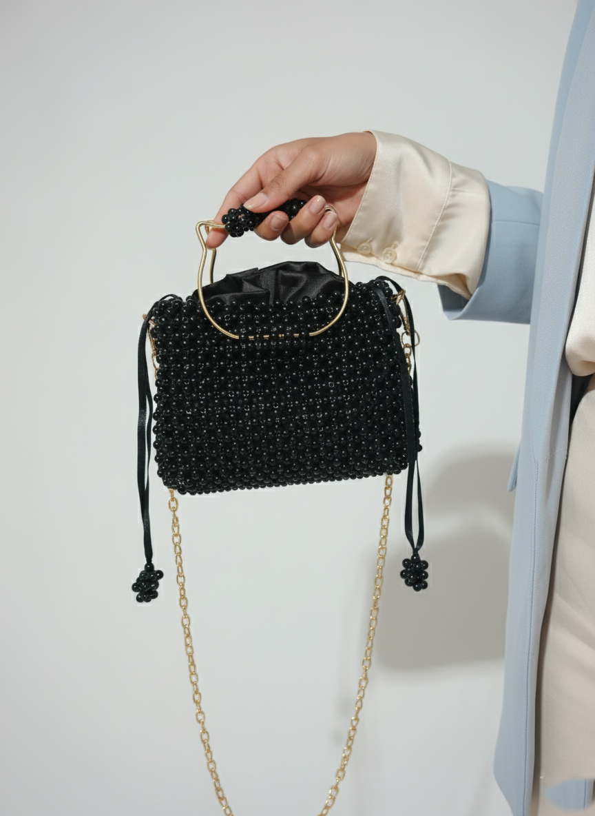 Luxury Handmade Black Pearl Beaded Handbag – Detachable Chain Included