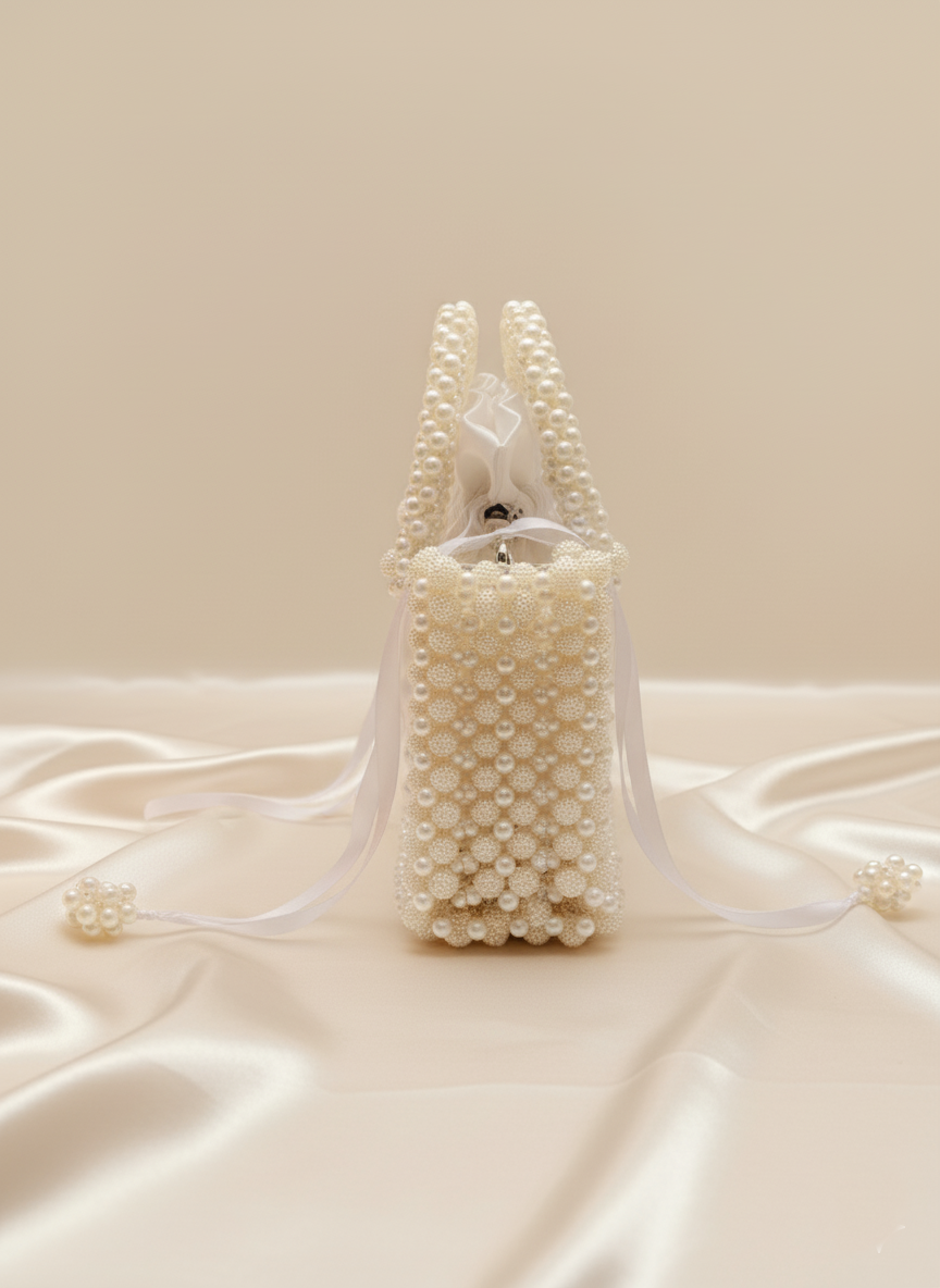 Luxe Transparent Pearl Beaded Top Handle Bag - Detachable Chain Included