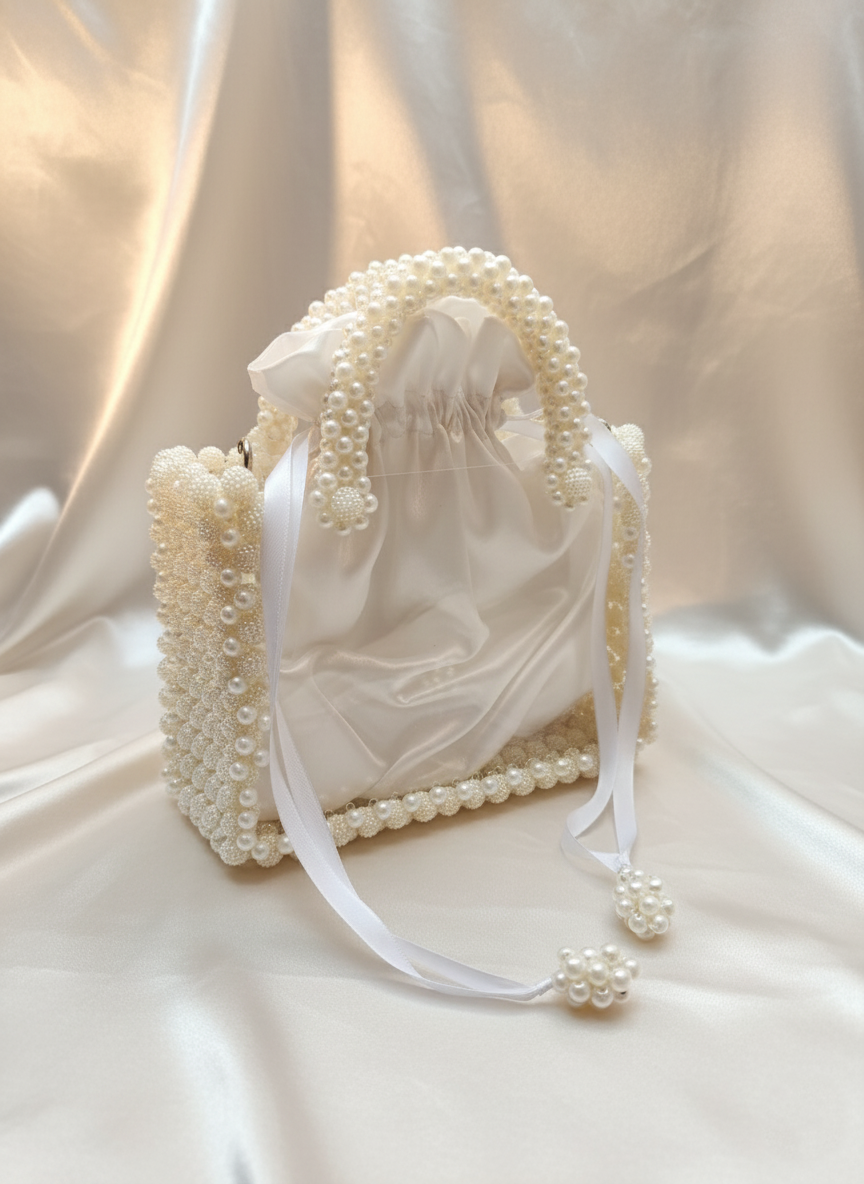 Luxe Transparent Pearl Beaded Top Handle Bag - Detachable Chain Included