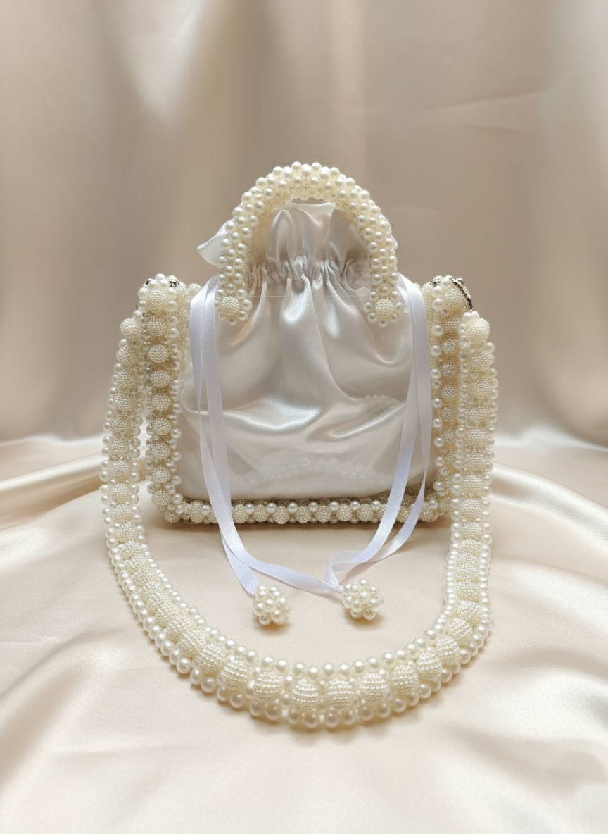 Luxe Transparent Pearl Beaded Top Handle Bag - Detachable Chain Included