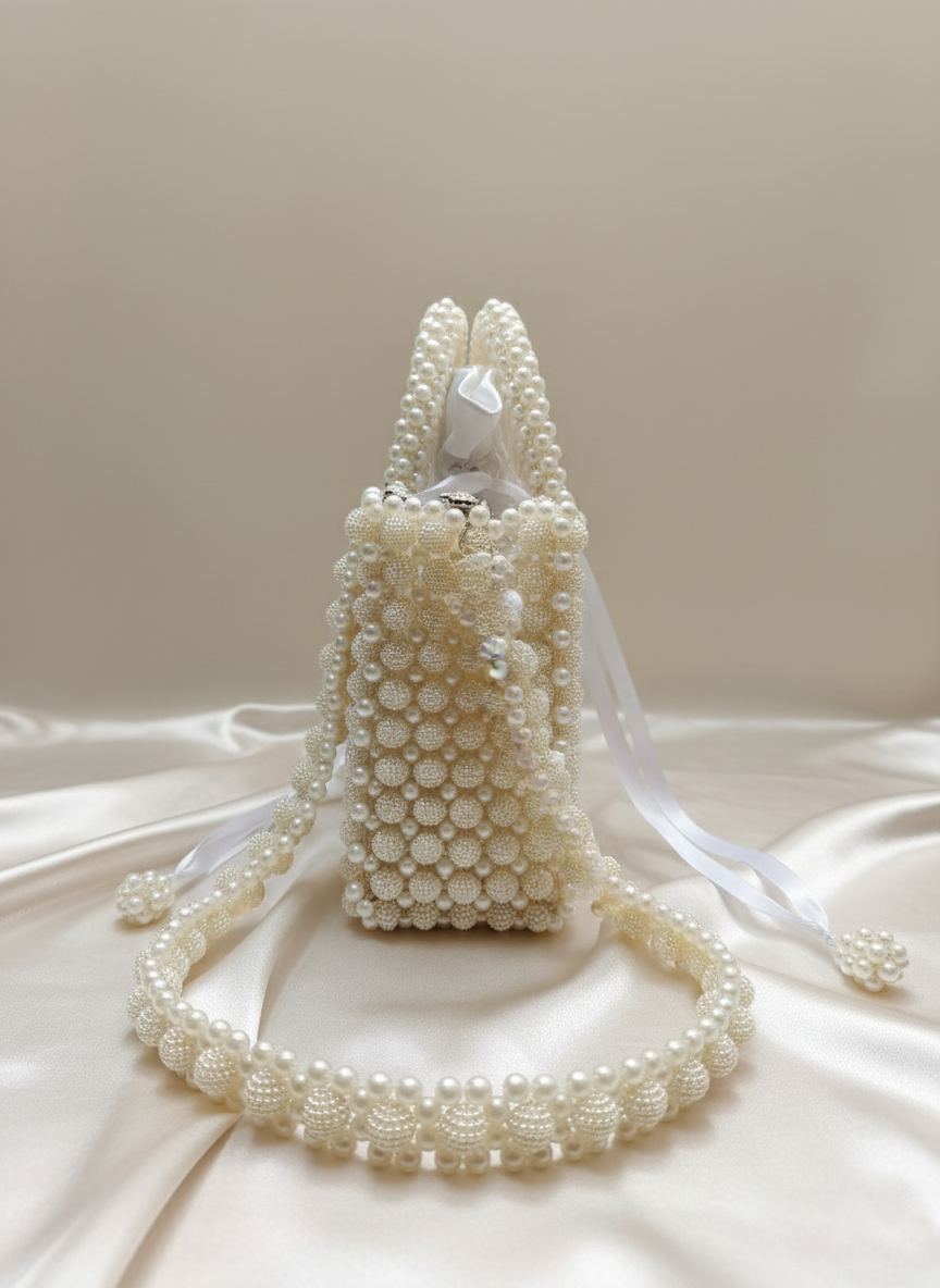 Luxe Transparent Pearl Beaded Top Handle Bag - Detachable Chain Included