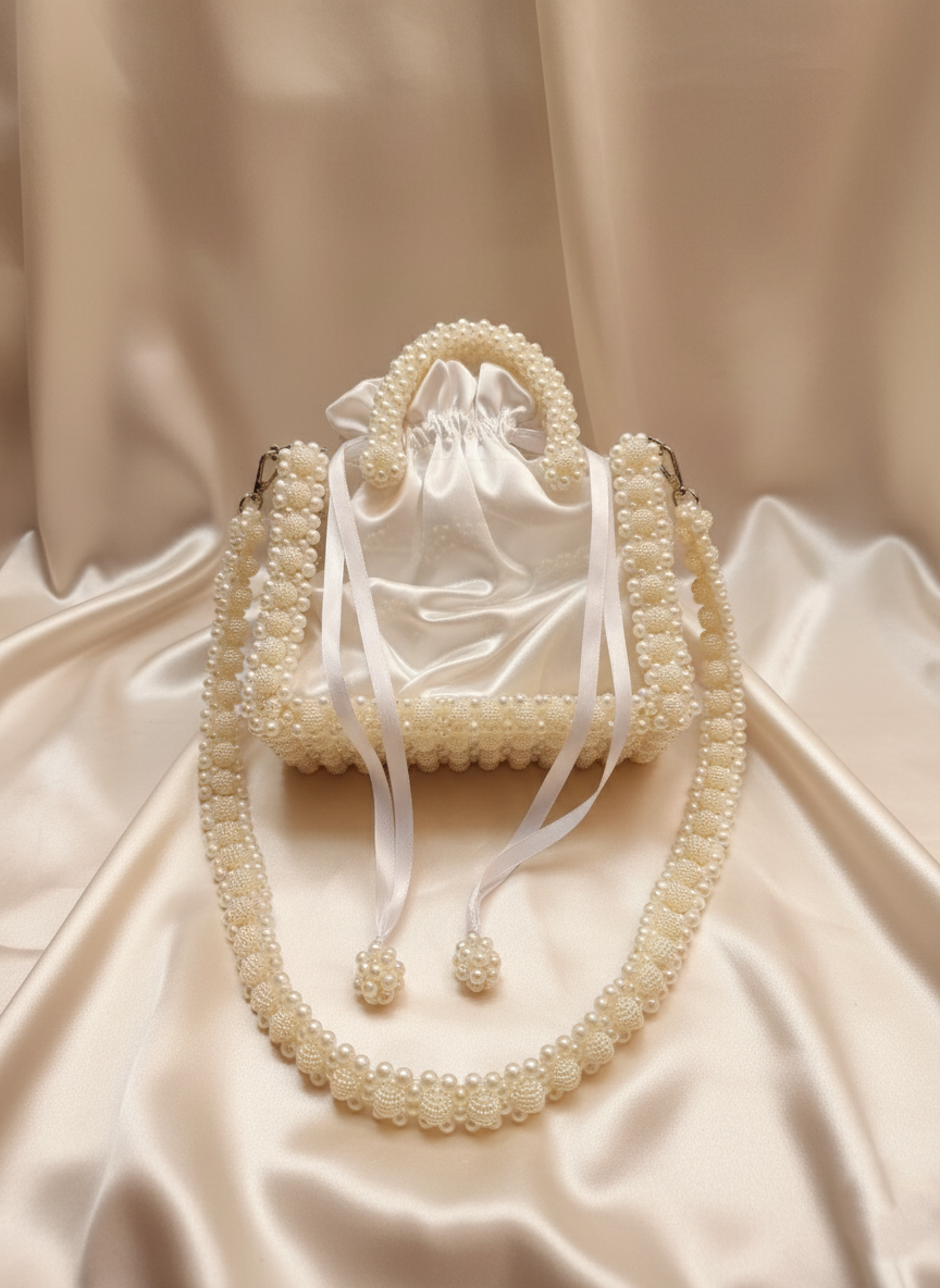 Luxe Transparent Pearl Beaded Top Handle Bag - Detachable Chain Included