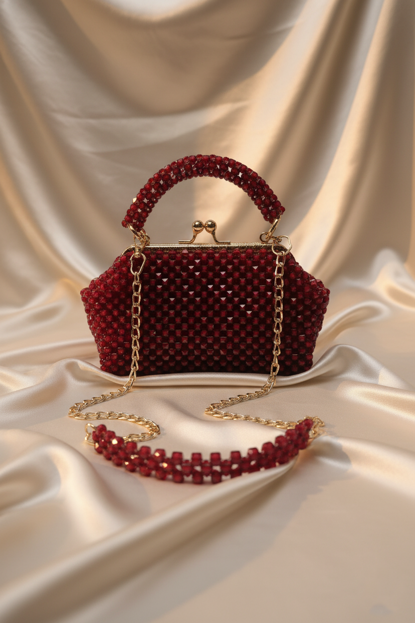 Ruby Glamour Beaded Evening Shoulder Bag  Detachable Chain Included