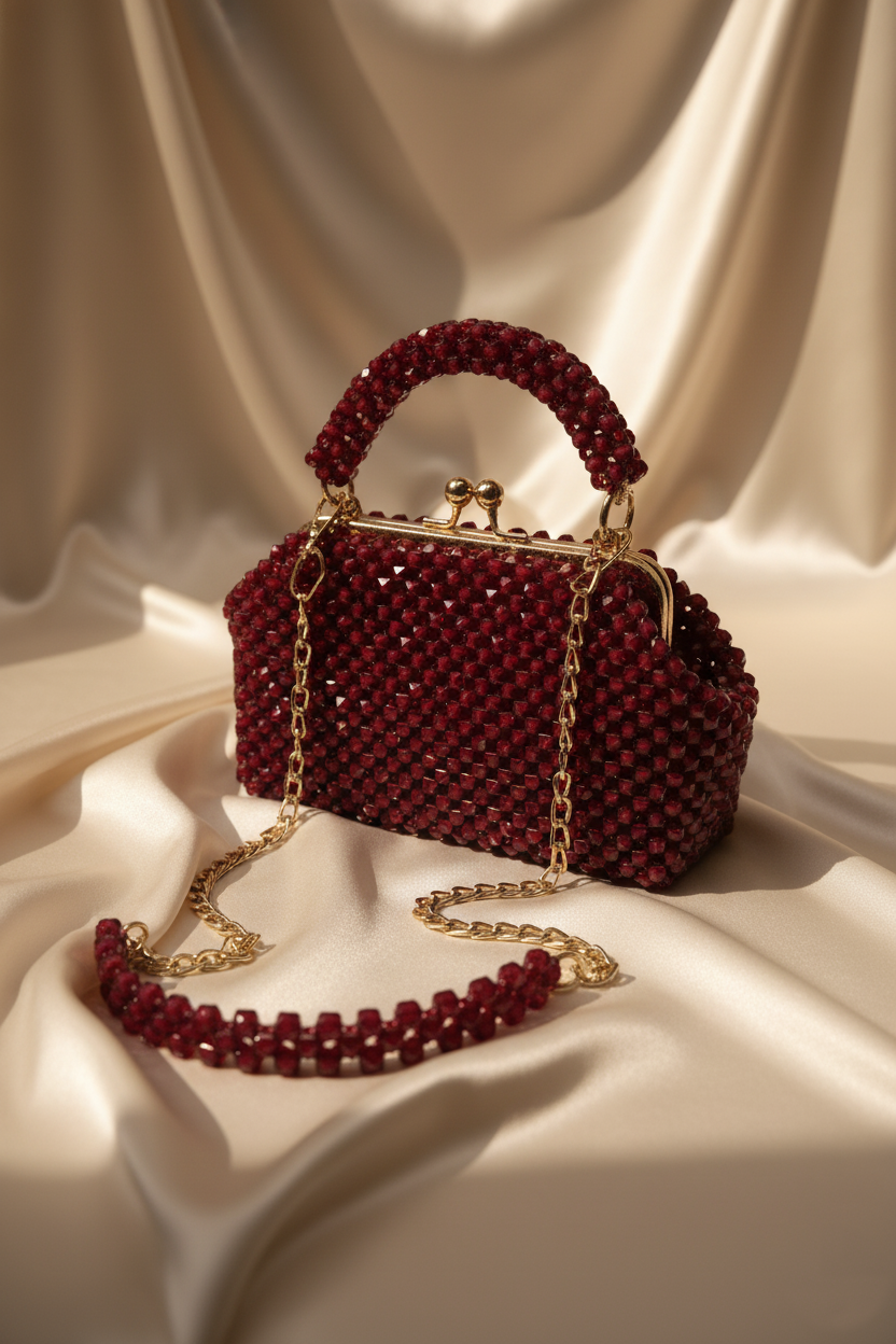 Ruby Glamour Beaded Evening Shoulder Bag  Detachable Chain Included