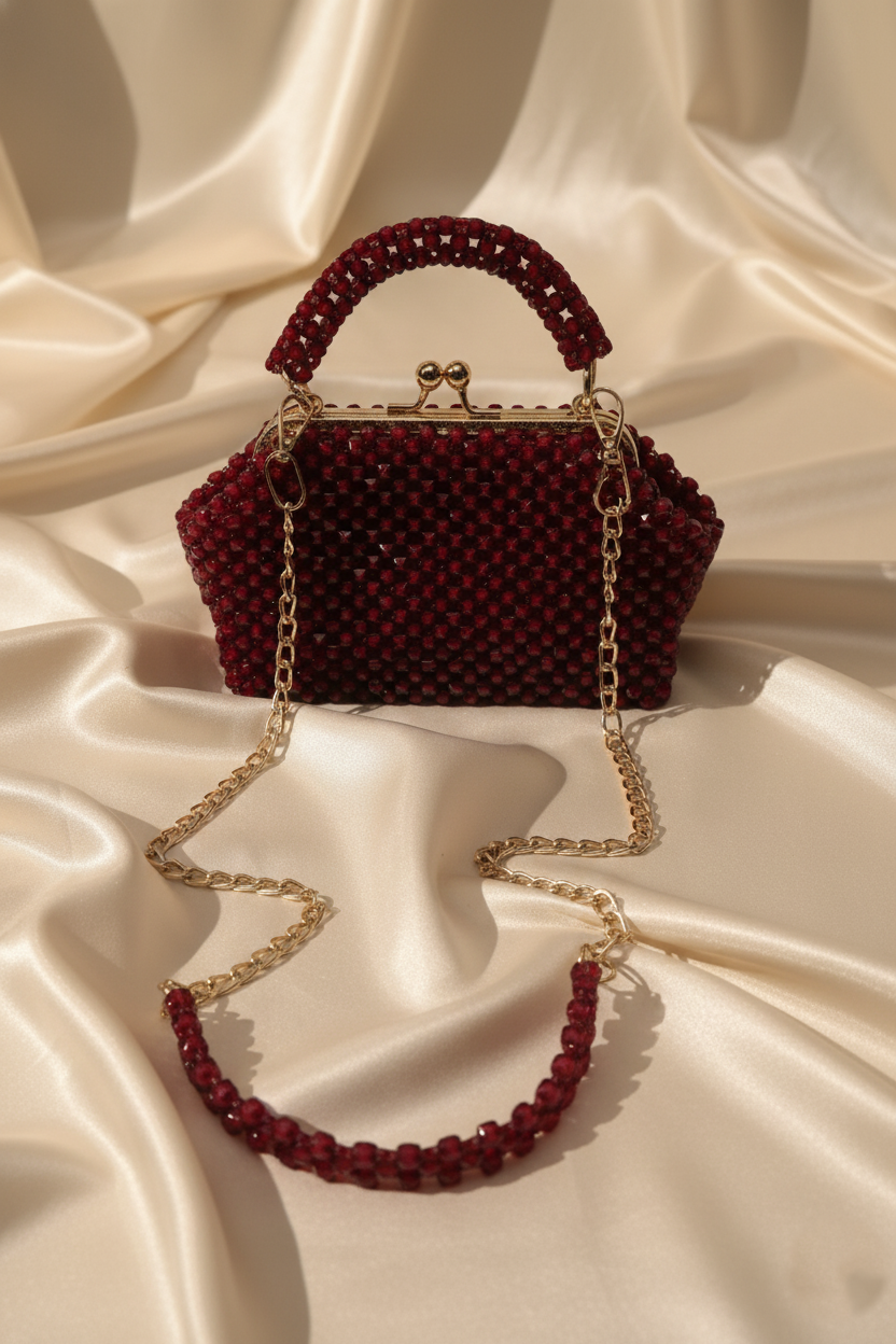 Ruby Glamour Beaded Evening Shoulder Bag  Detachable Chain Included