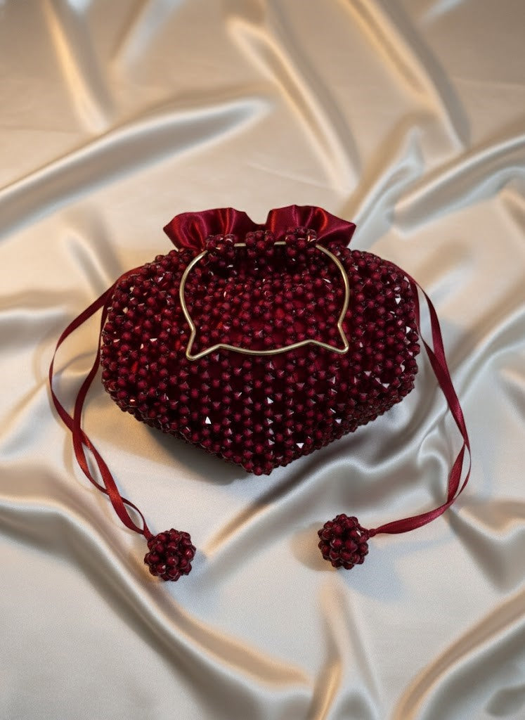 Luxury Red Crystal Heart Clutch with Whimsical Cat Handle